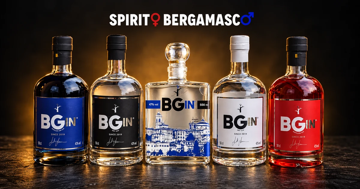 Bottiglie BGin Blue, Black, White e Red con Spirito Bergamasco 47 Bergamo Alta al centro e logo del brand